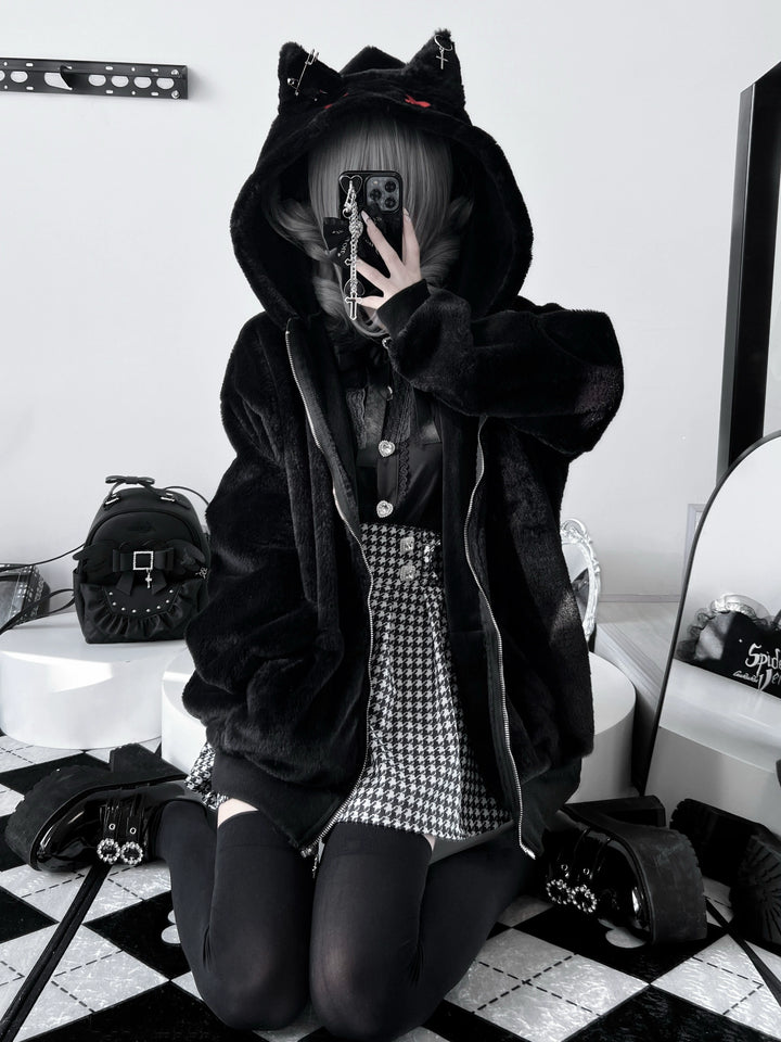Subculture Winter Plush Coat, Cat Ear Hood (Black / Regular Thickened) 44193:801966