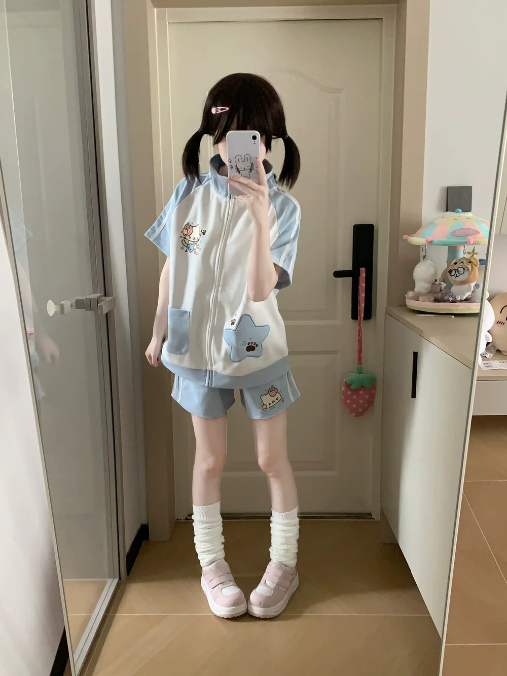 Kawaii Jacket and Shorts Set, Star & Cat Embroidery 45640:857450