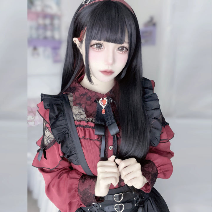 Jirai Kei Blouse Lace Bat Collar Burgundy And Black Shirt 39630:633388