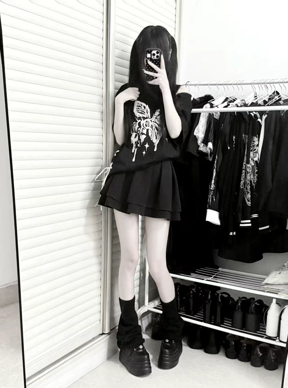 Cotton Gothic Butterfly Print T-Shirt, Zipper Shoulder (Black / L M) 43653:782342
