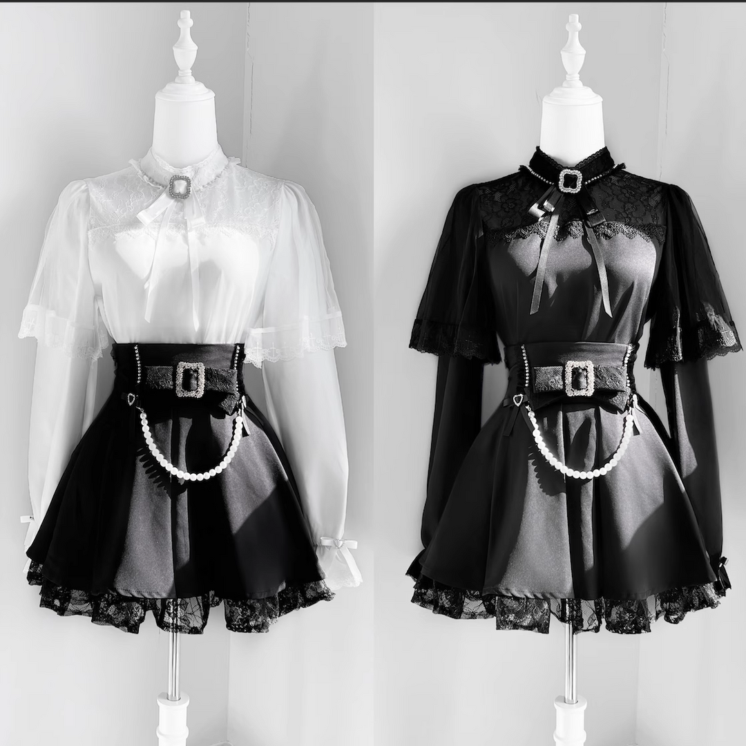 Jirai Kei Hollow-Out Lace Blouse Black Skirt With Pearl Chain 42163:729274