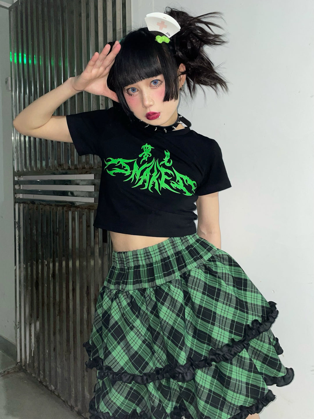 Punk Plaid Skirt Pink Blue Skirt Bow Layered Ruffle Skirt 33818:445936 33818:445936