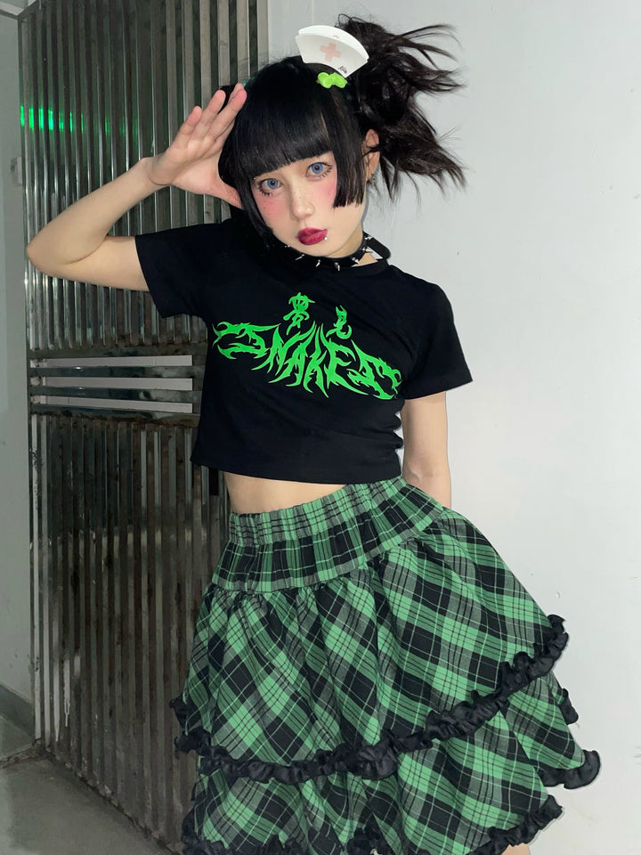 Punk Plaid Skirt Pink Blue Skirt Bow Layered Ruffle Skirt 33818:445936 33818:445936