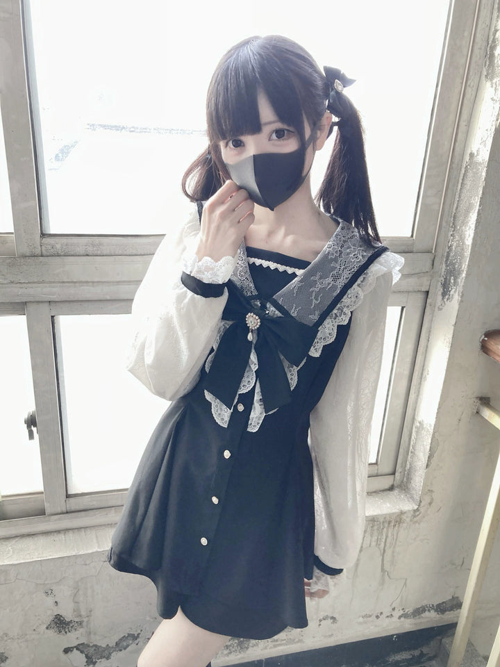 Jirai Kei Set Up Lace Sleeve Sailor Collar Dress Shorts (M / Black) 37650:567958