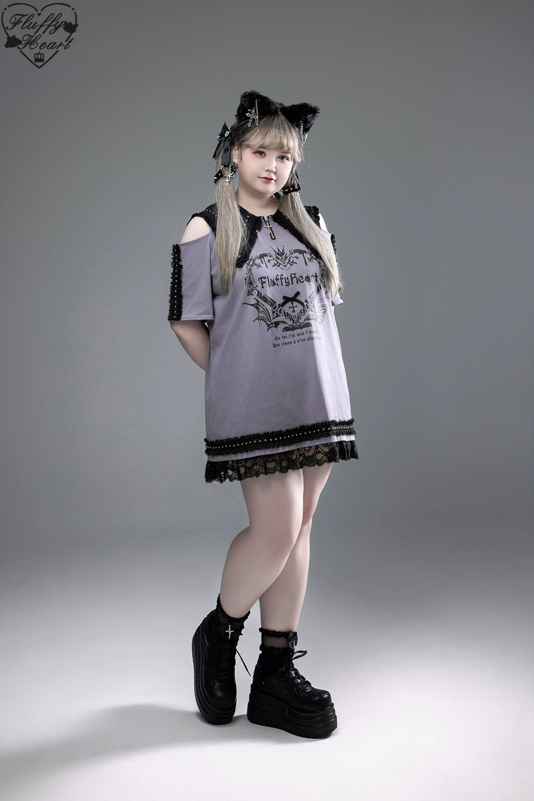 Cotton Sub Jirai Kei T-Shirt Dress, Pointed Collar, Open Shoulder 43373:774837