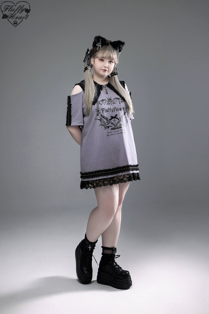 Cotton Sub Jirai Kei T-Shirt Dress, Pointed Collar, Open Shoulder 43373:774837