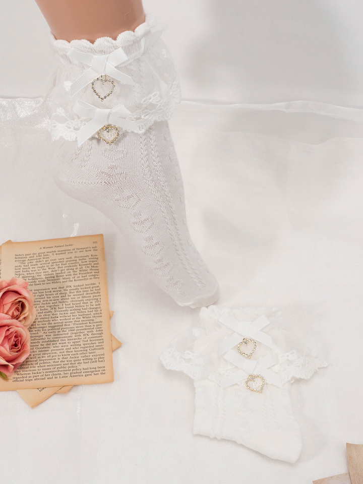 Lolita Mid-Calf Socks With Heart-shaped Rhinestone And Bow 21594:310998