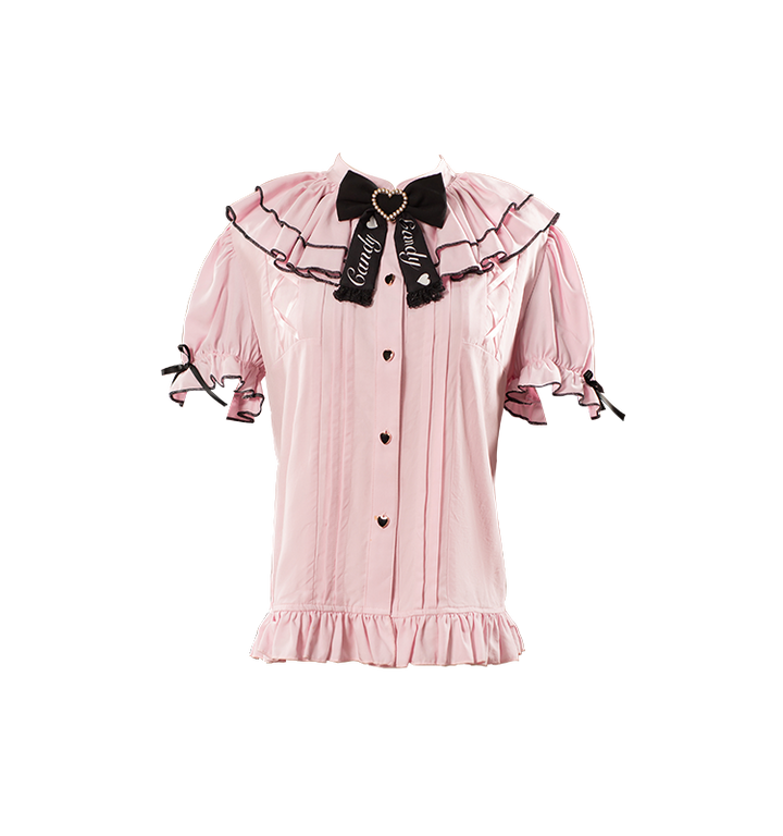 Pink Jirai Kei Short-sleeved Blouse, Puffy Sleeves 22780:778870