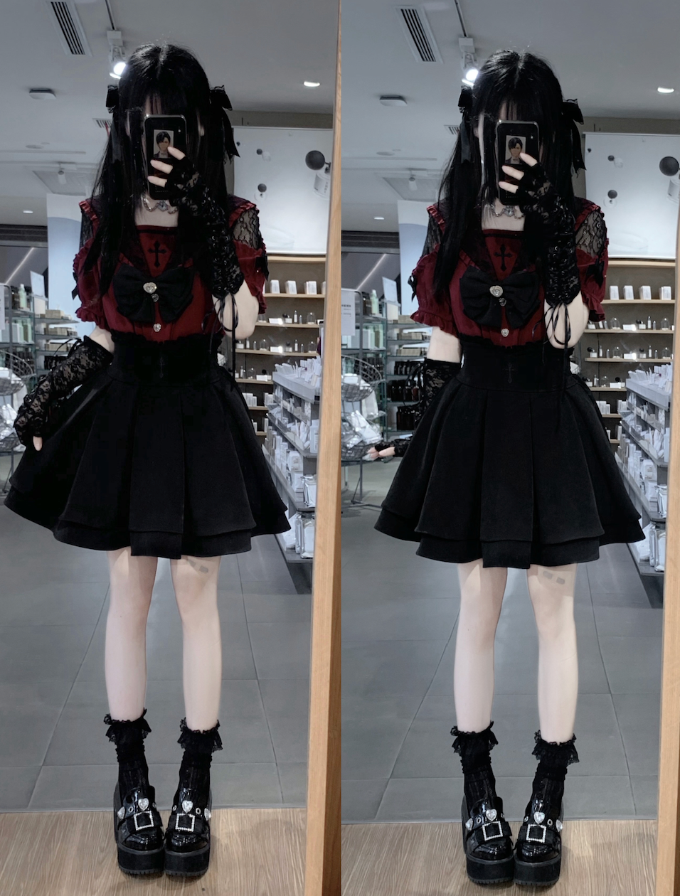 Sailor Collar Jirai Kei Blouse, High Waist Skirt, Embroidered Cross 37118:552516