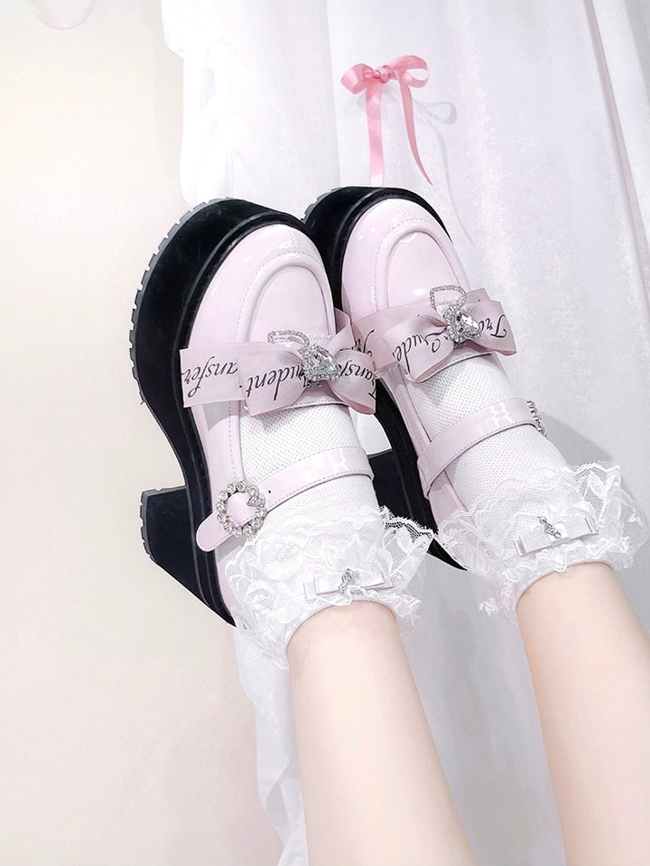 Jirai Kei Shoes Rhinestone Bow Platform Shoes With Shoe Clip 38042:594418
