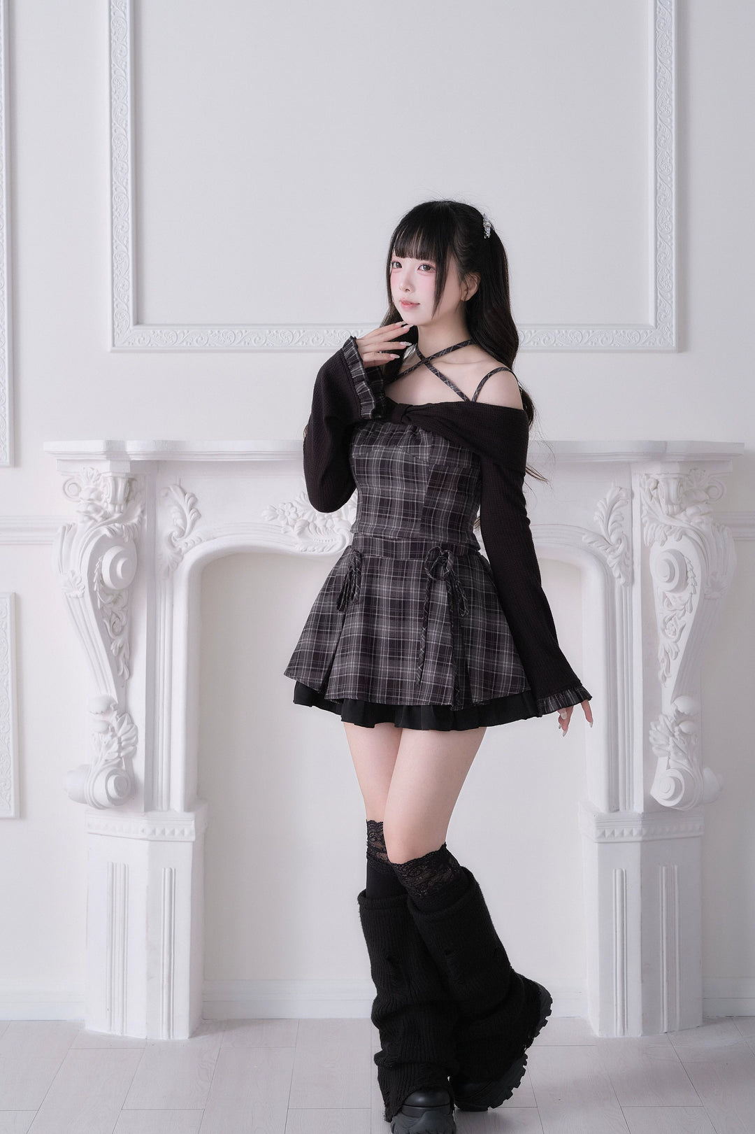 Jirai Kei Plaid Top and Skirt Set, Halter Neckline 44814:822664