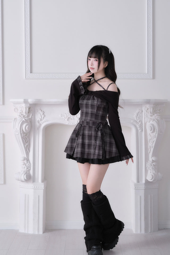 Jirai Kei Plaid Top and Skirt Set, Halter Neckline 44814:822664