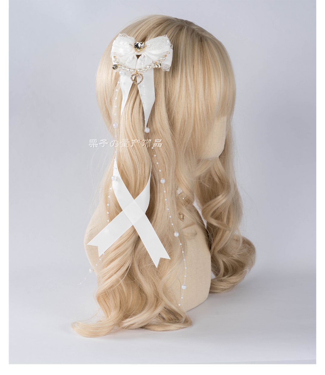 Jirai Kei Bow Hair Clip, Heart Rhinestone, Pearl Chain, Lace Trim 43501:778548
