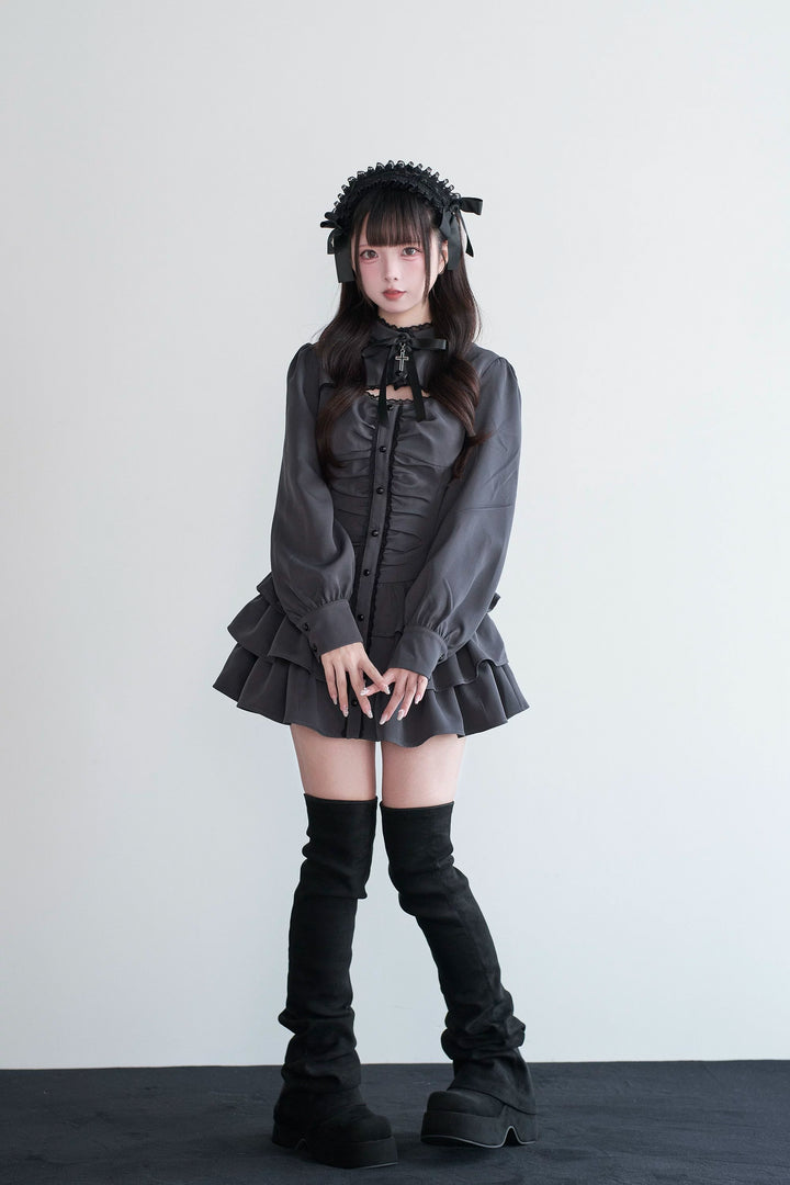 Black/Gray Jirai Kei Lace-Up Dress, Elastic Shorts 44329:806146