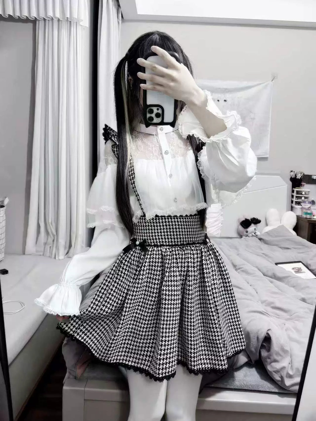 Jirai Kei Sheer Lace Shirt, Houndstooth Suspender Skirt (M) 44894:827658