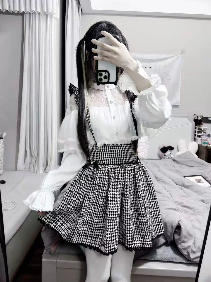 Jirai Kei Sheer Lace Shirt, Houndstooth Suspender Skirt (M) 44894:827658