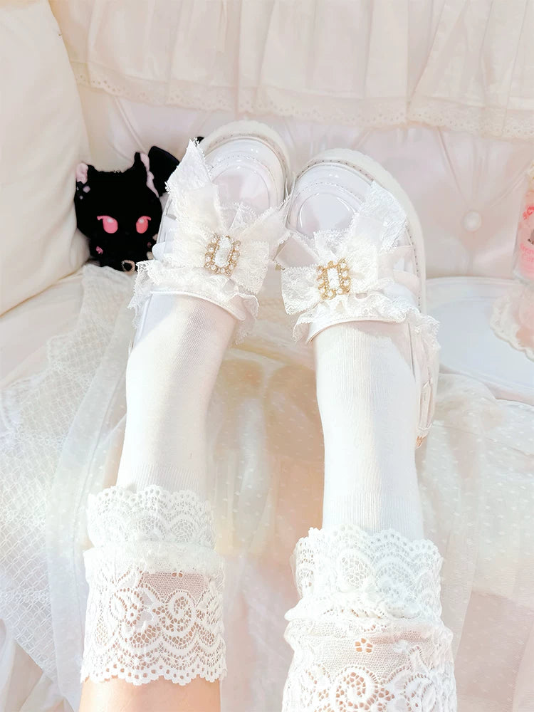 Black/White Jirai Kei Platform High Heel Shoes, Lace Bow 45952:872963