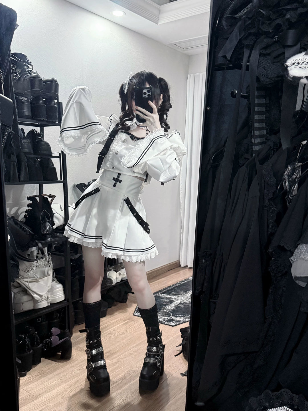 Black-and-White Gothic Top and Skirt Set, Belt & Lace 46072:874665