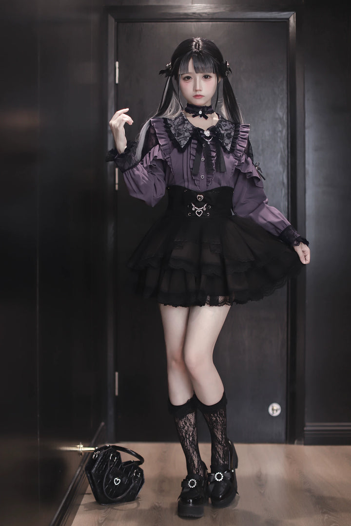 Jirai Kei Tiered Tuffles Skirt, Elastic High-Waist 44587:814533