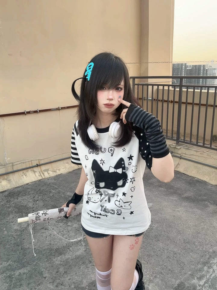 Kawaii Otaku Anime Cat Print Cotton Shirt Black & White 42851:755318