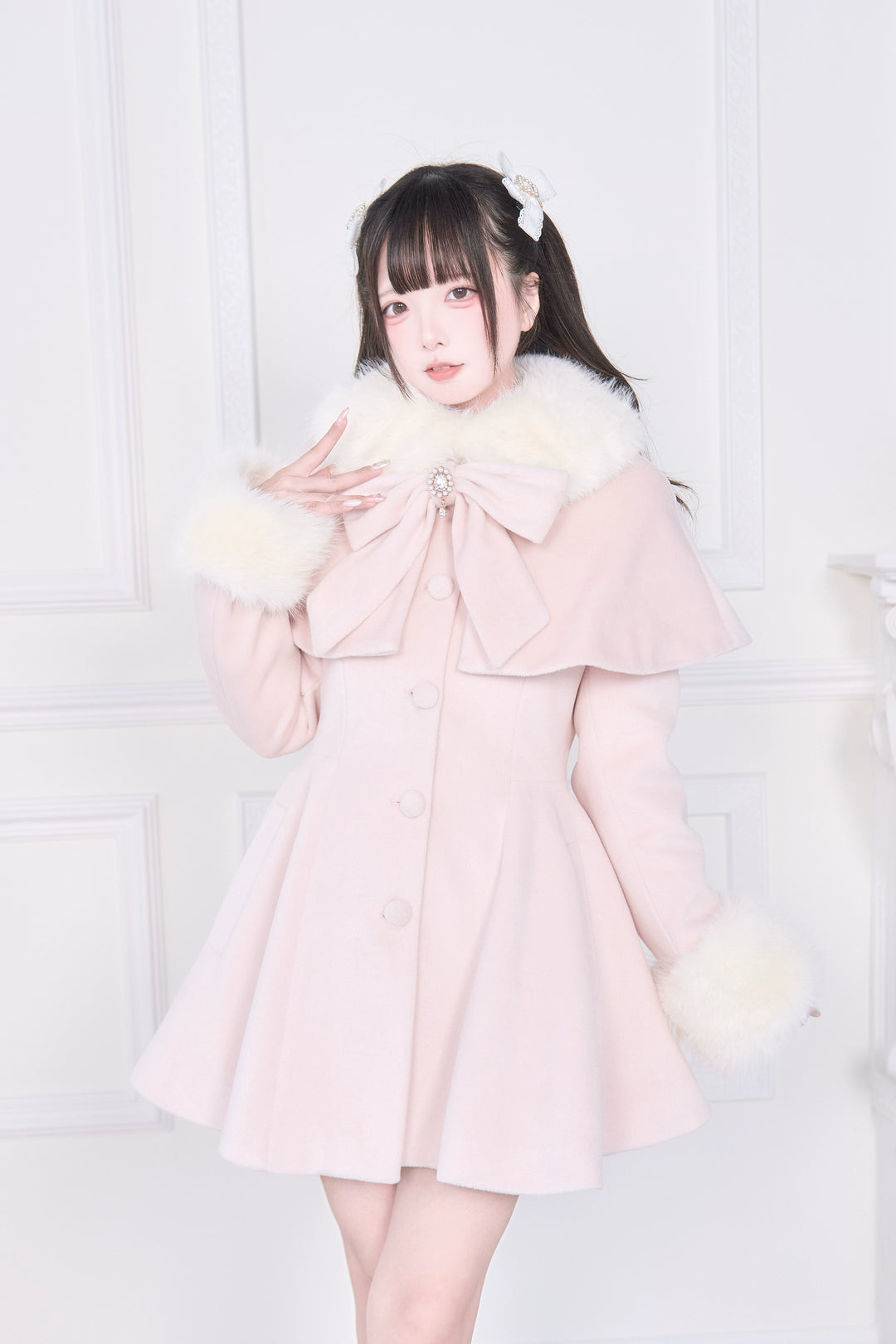 Jirai Kei Winter Coat, Faux Fur Trim, Detachable Cape (Pink / M S) 44066:794462