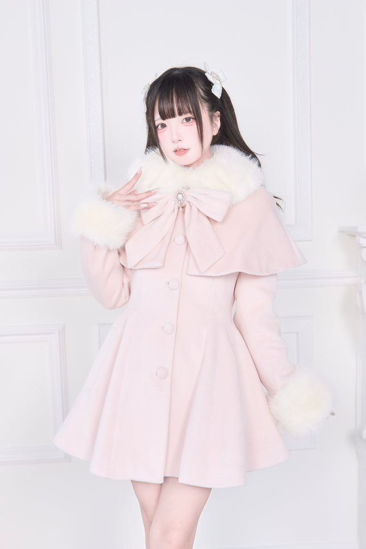 Jirai Kei Winter Coat, Faux Fur Trim, Detachable Cape (Pink / M S) 44066:794462