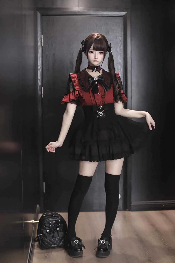 Jirai Kei Lace Sleeve Blouse, Ruffle Details 45194:841384