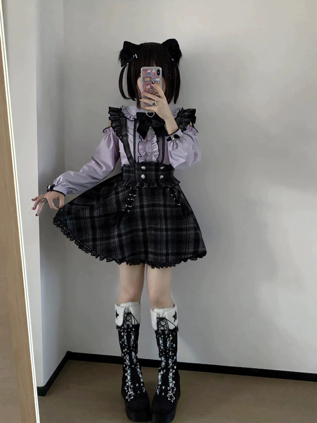 Jirai Kei Set Purple Open-Shoulder Blouse Plaid Suspender Skirt Set 33830:440714