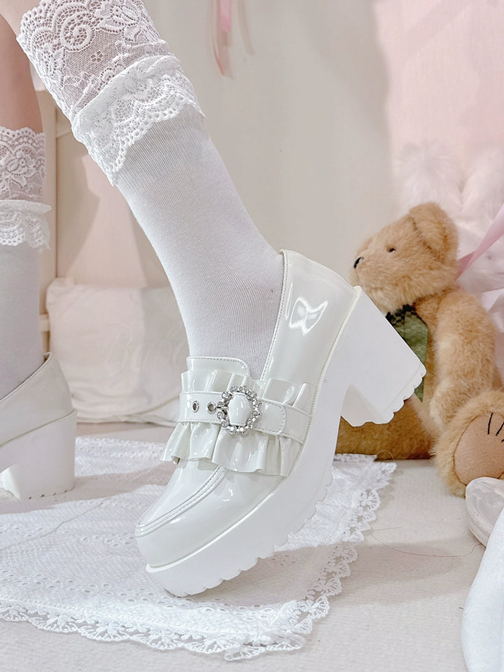 Jirai Kei Mid-Heel Loafer Shoes, Detachable Bow Clips 44005:792714