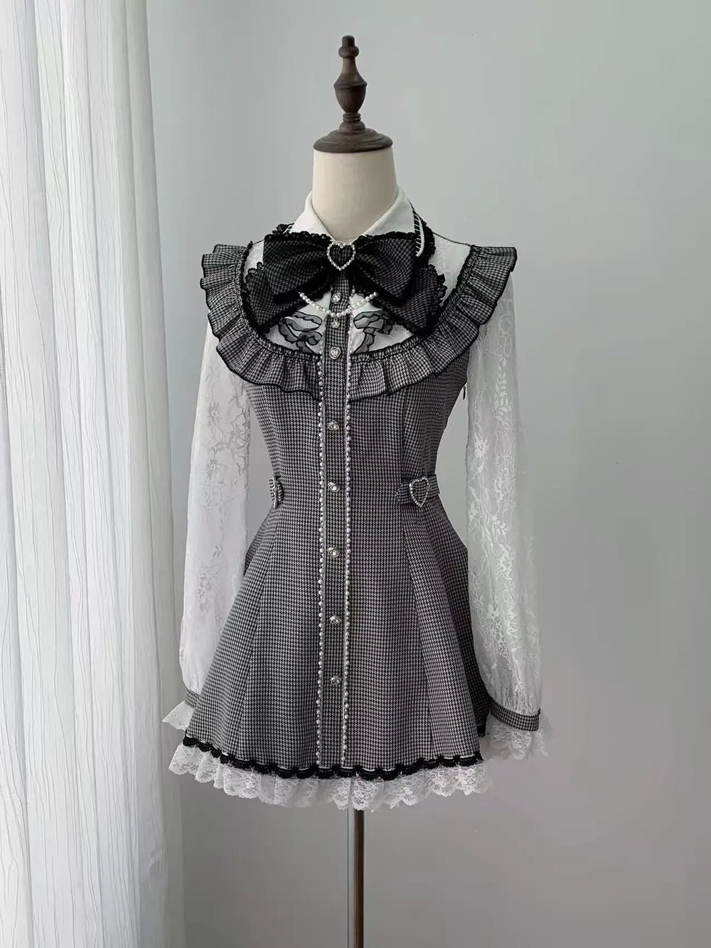 Ryousangata Long-Sleeved Dress Set, Houndstooth & Lace Tulle (L M S) 46075:874924