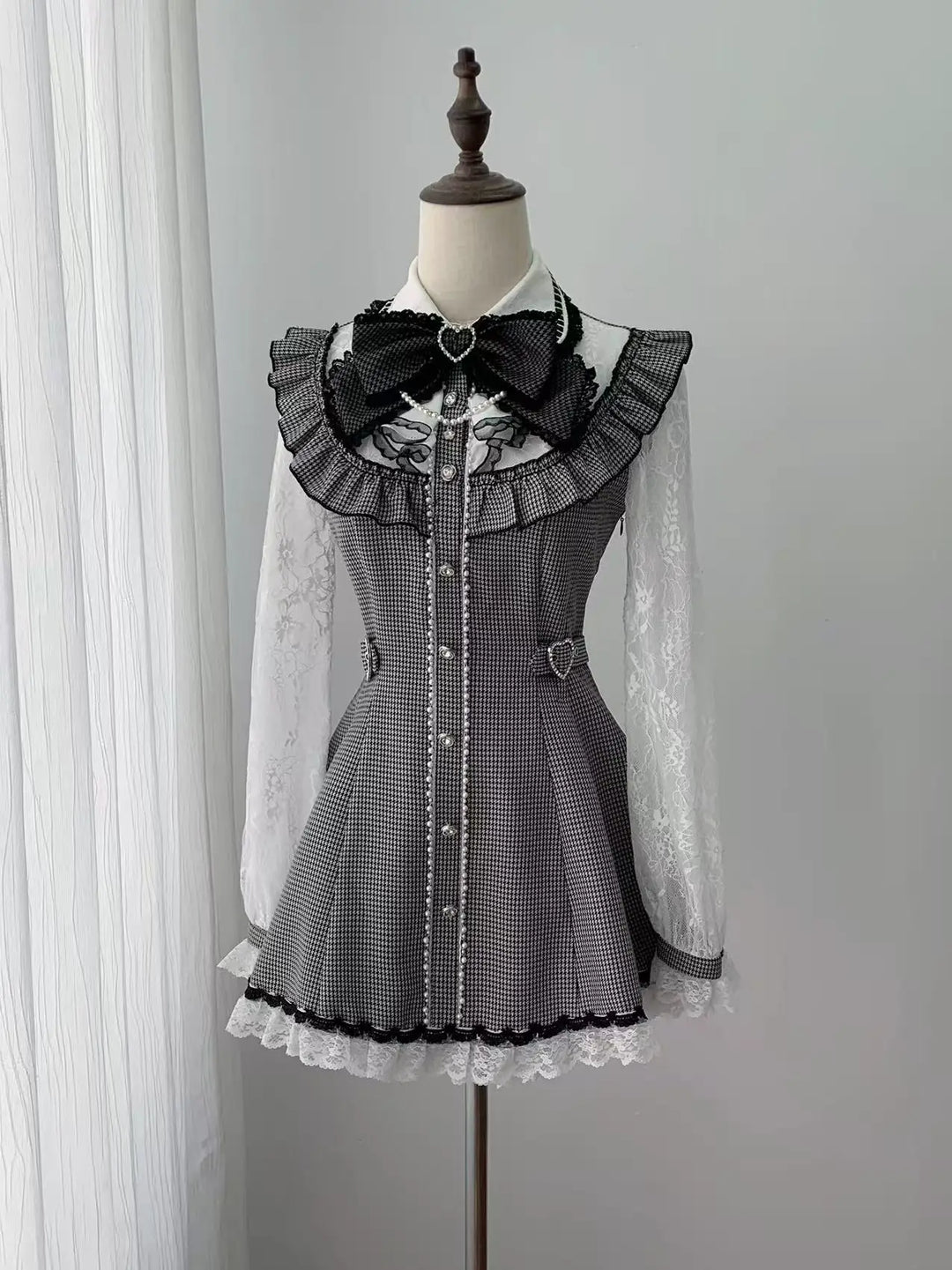 Ryousangata Long-Sleeved Dress Set, Houndstooth & Lace Tulle (L M S) 46075:874924