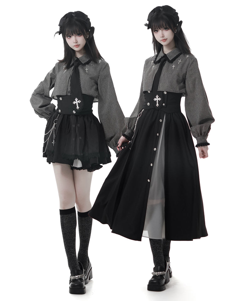 Gothic Striped Blouse, Black Skirt Set 44172:800239