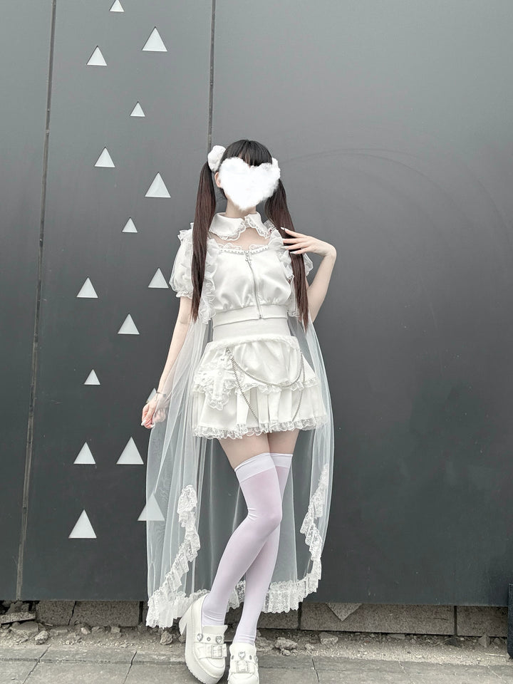 Jirai Kei Skirt & Zip-up Top, Tulle Vest 45009:838768