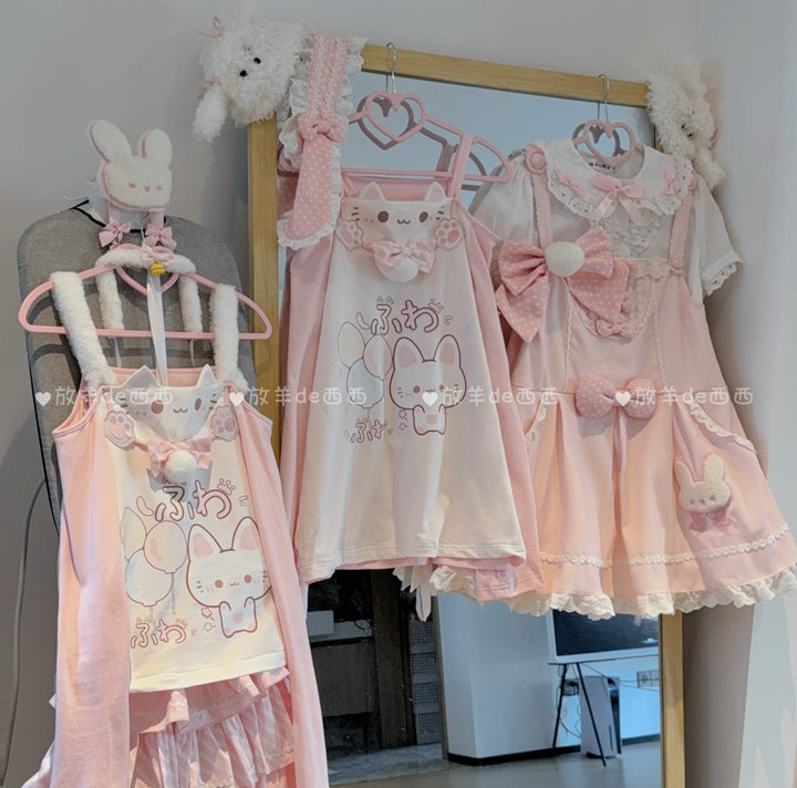 Kawaii Cat-Print Cotton Skirt Off-Shoulder Top with Choker 42812:754138