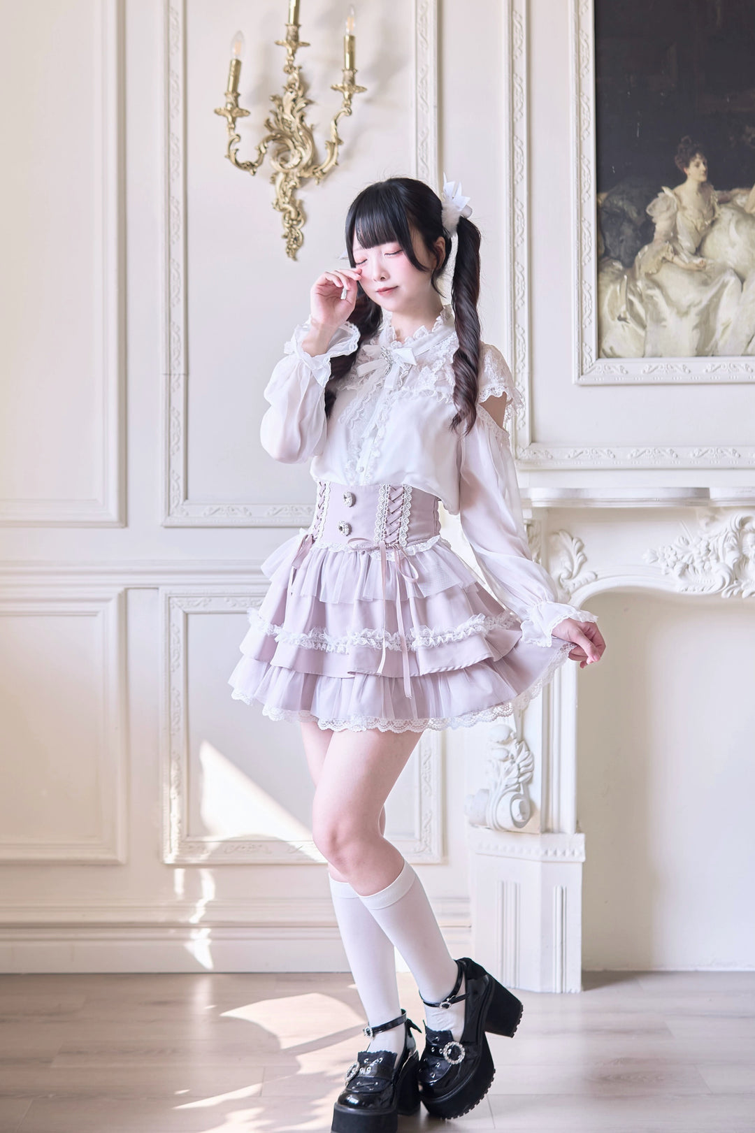 Jirai Kei Ruffle Tiered Skirt with Lace and Bows Multicolor 42894:758581
