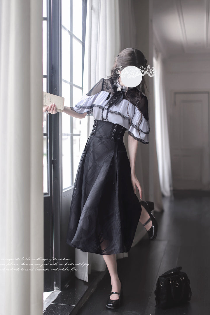 Black Maxi Jirai Kei Skirt, Purple Cape Blouse 43111:766084