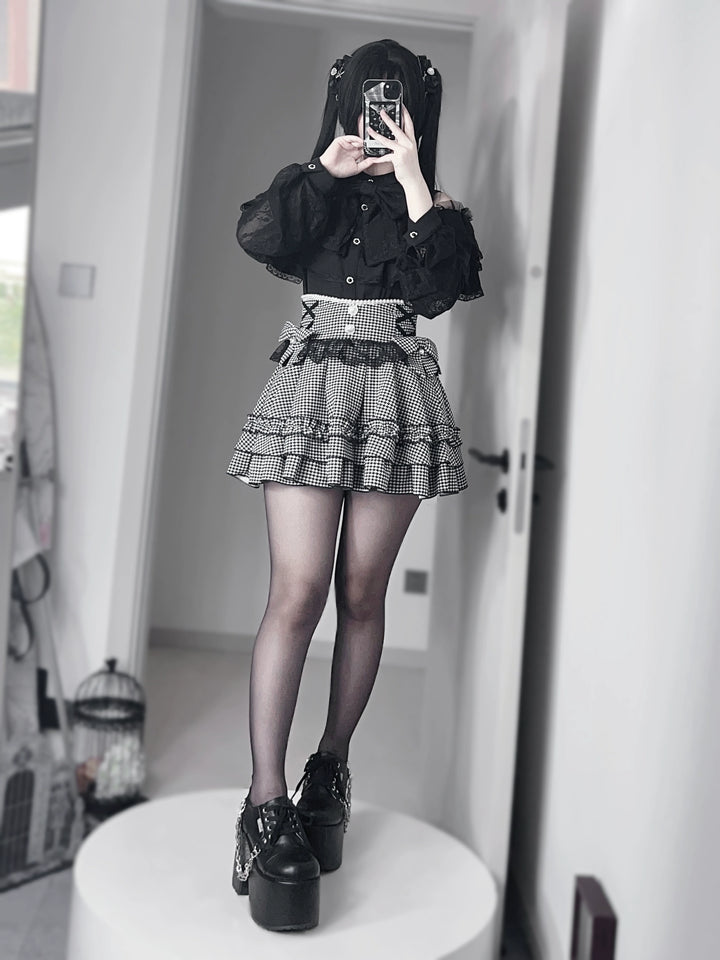 Jirai Kei Lace Skirt, Black Jacquard And Houndstooth Style 44163:801150