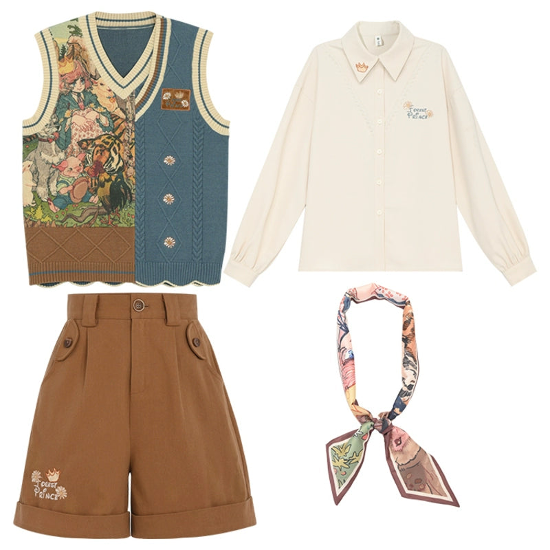 Mori Kei Clothing Set Retro Shirt Academy Vest Casual Shorts 39286:618622