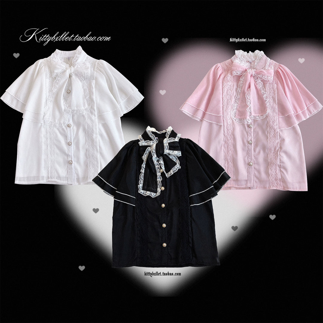 Caped Chiffon Jirai Kei Blouse With Hand-tied Bow (Black Pink White) 43106:765873