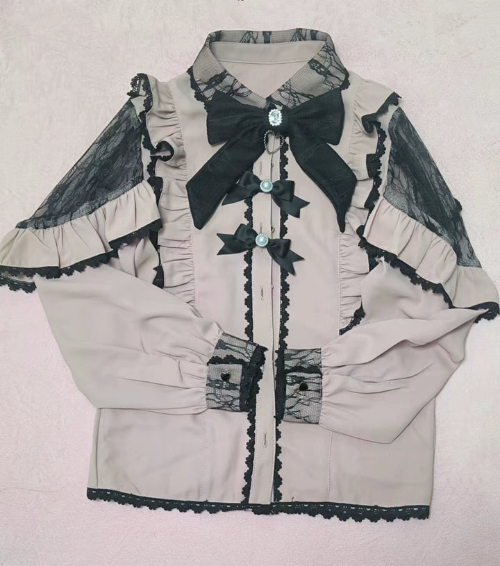Lace Cut-Out Jirai Kei Blouse + Black Long High-Waist Lace-Up Skirt (2XL L M S XL) 41720:711572