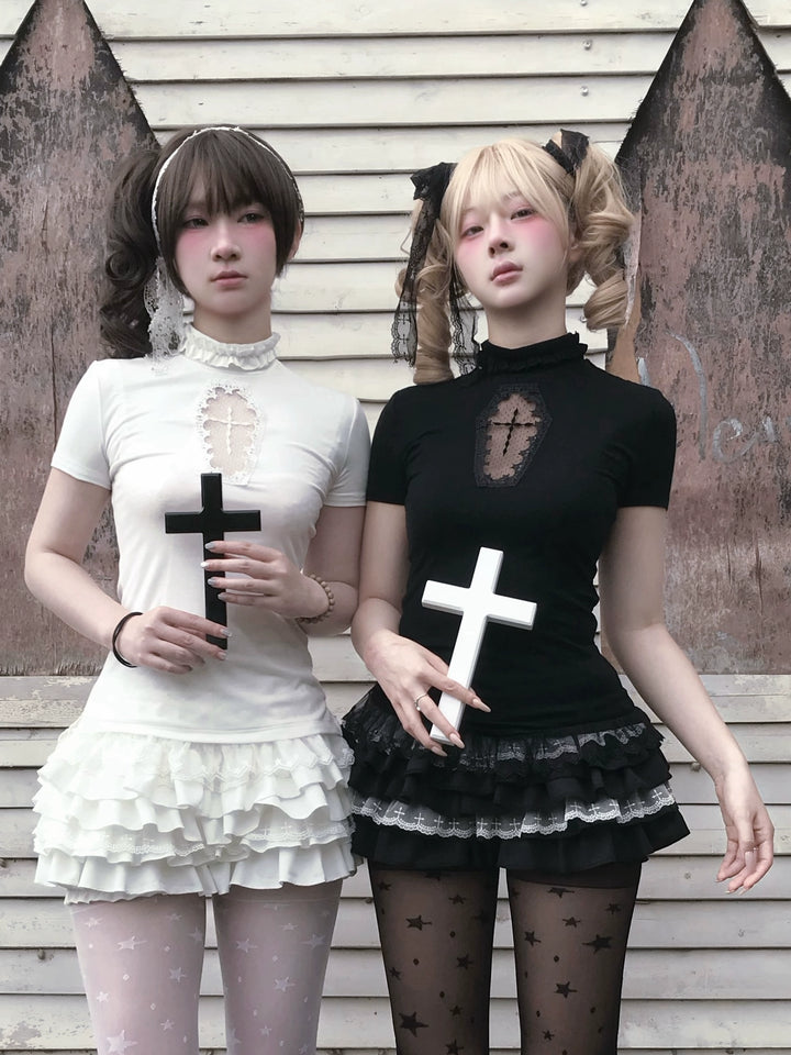 Gothic Cross-Detailed T-shirt & Tiered Ruffle Bloomers 43079:764548