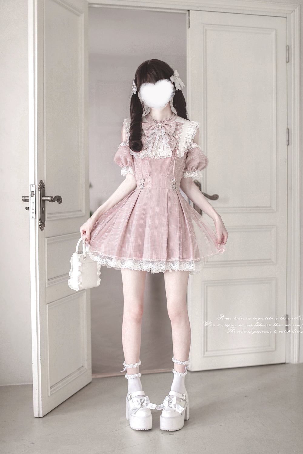 Pink Ryousangata Dress, Lace Trim & Square Rhinestone Bow 43193:770328