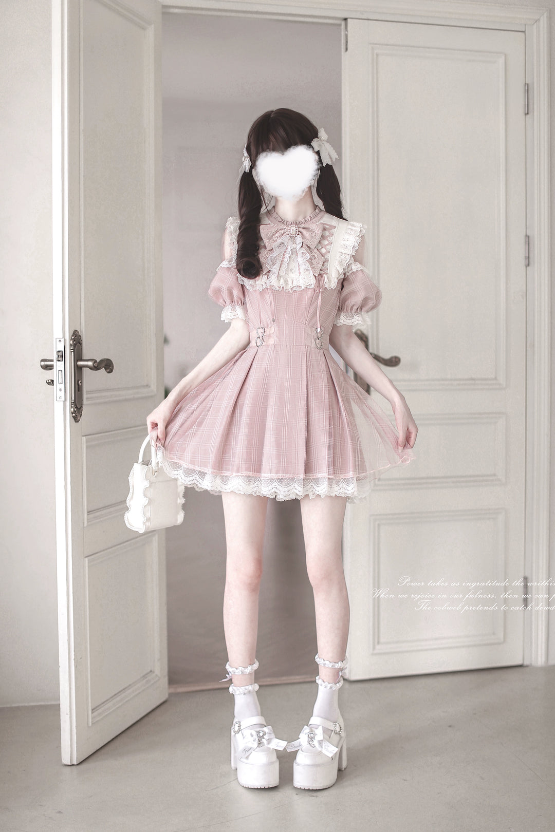 Pink Ryousangata Dress, Lace Trim & Square Rhinestone Bow 43193:770328