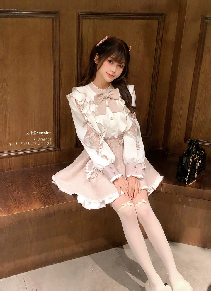 Pink and White Ryousangata Tweed Dress, Elastic Shorts 44755:825261