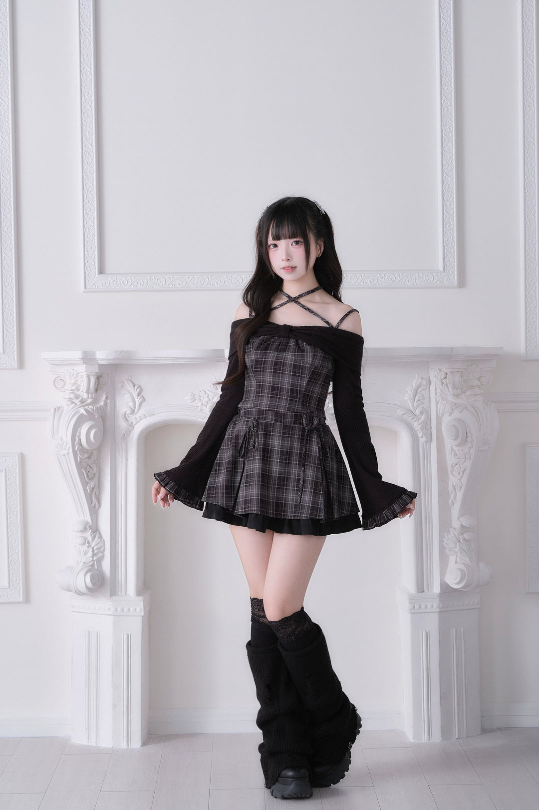 Jirai Kei Plaid Top and Skirt Set, Halter Neckline 44814:822653