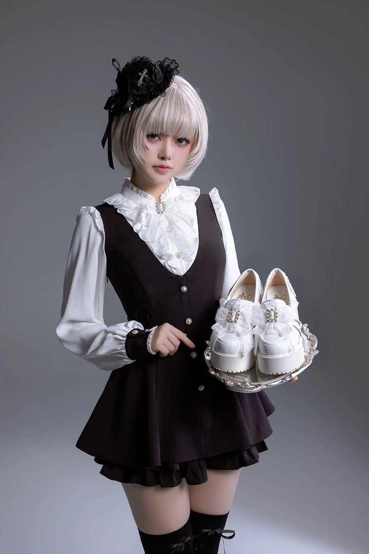 Black/White Jirai Kei Platform High Heel Shoes, Lace Bow 45952:872965