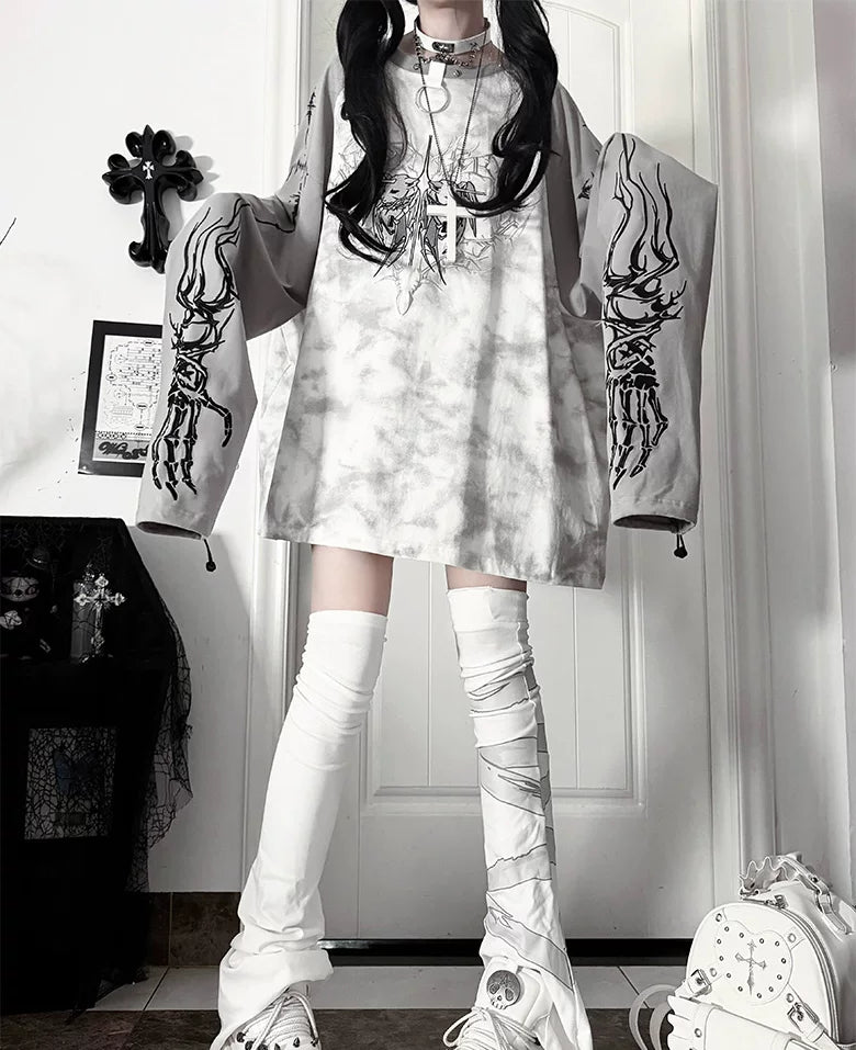 Gothic Long Sleeve Cotton T-Shirt, Demon Ram Embroidery 46062:875051