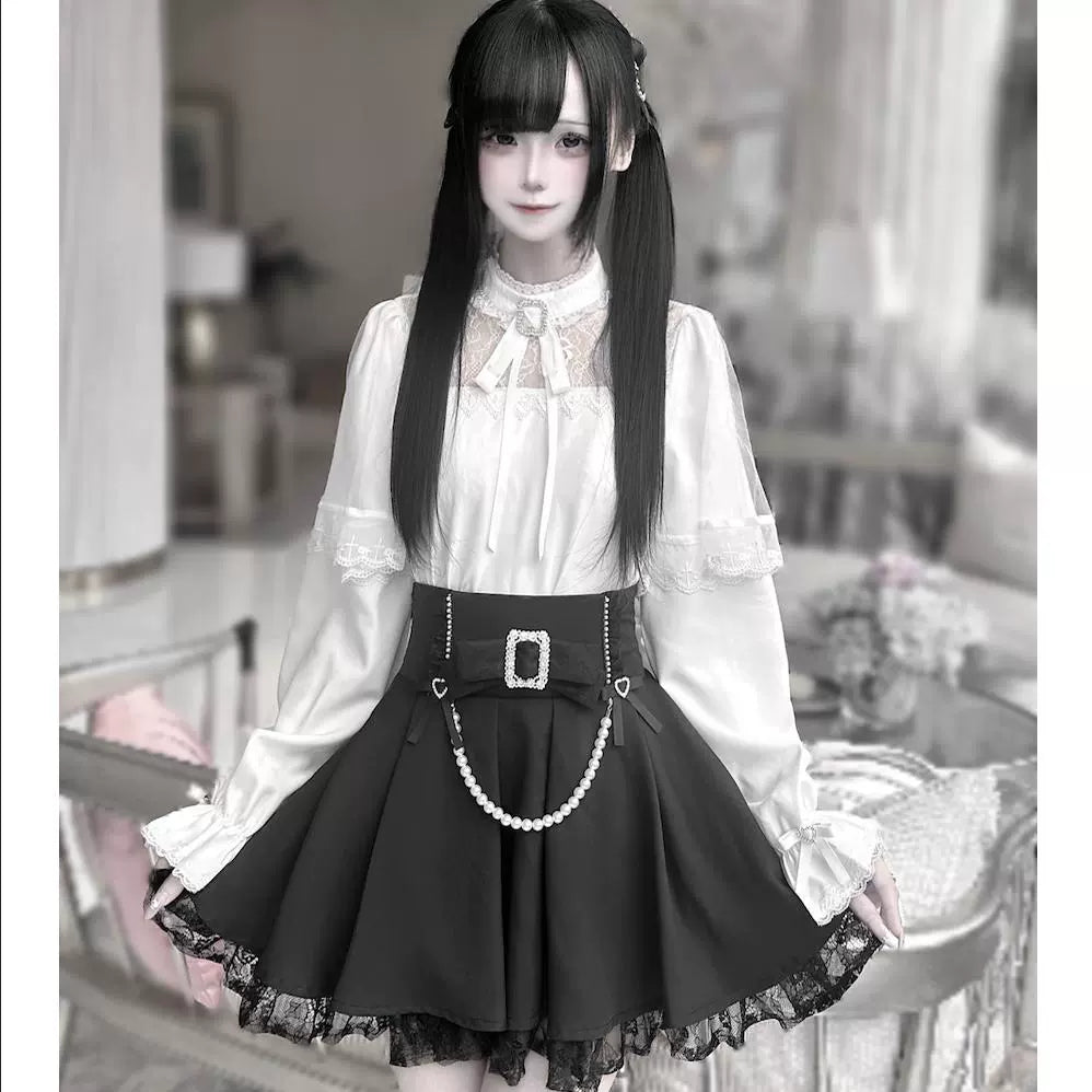 Jirai Kei Hollow-Out Lace Blouse Black Skirt With Pearl Chain (L M XL) 42163:729278