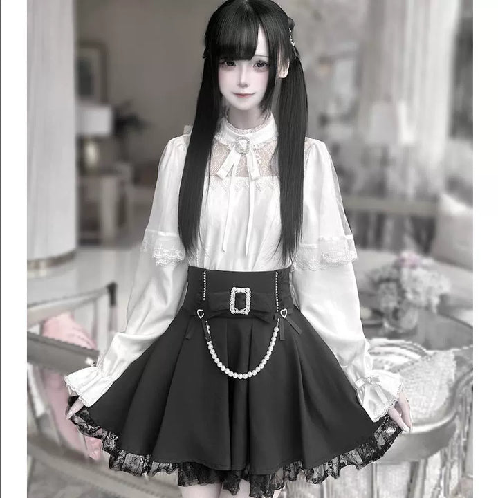 Jirai Kei Hollow-Out Lace Blouse Black Skirt With Pearl Chain (L M XL) 42163:729278