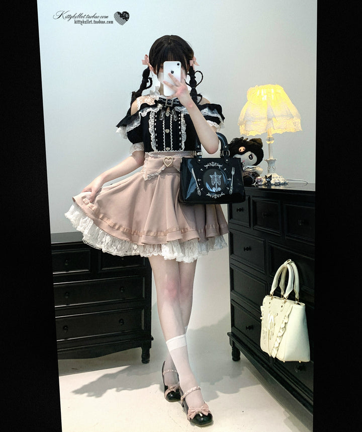 Lace Open Shoulder Jirai Kei Blouse, Heart Rhinestone 43692:783142